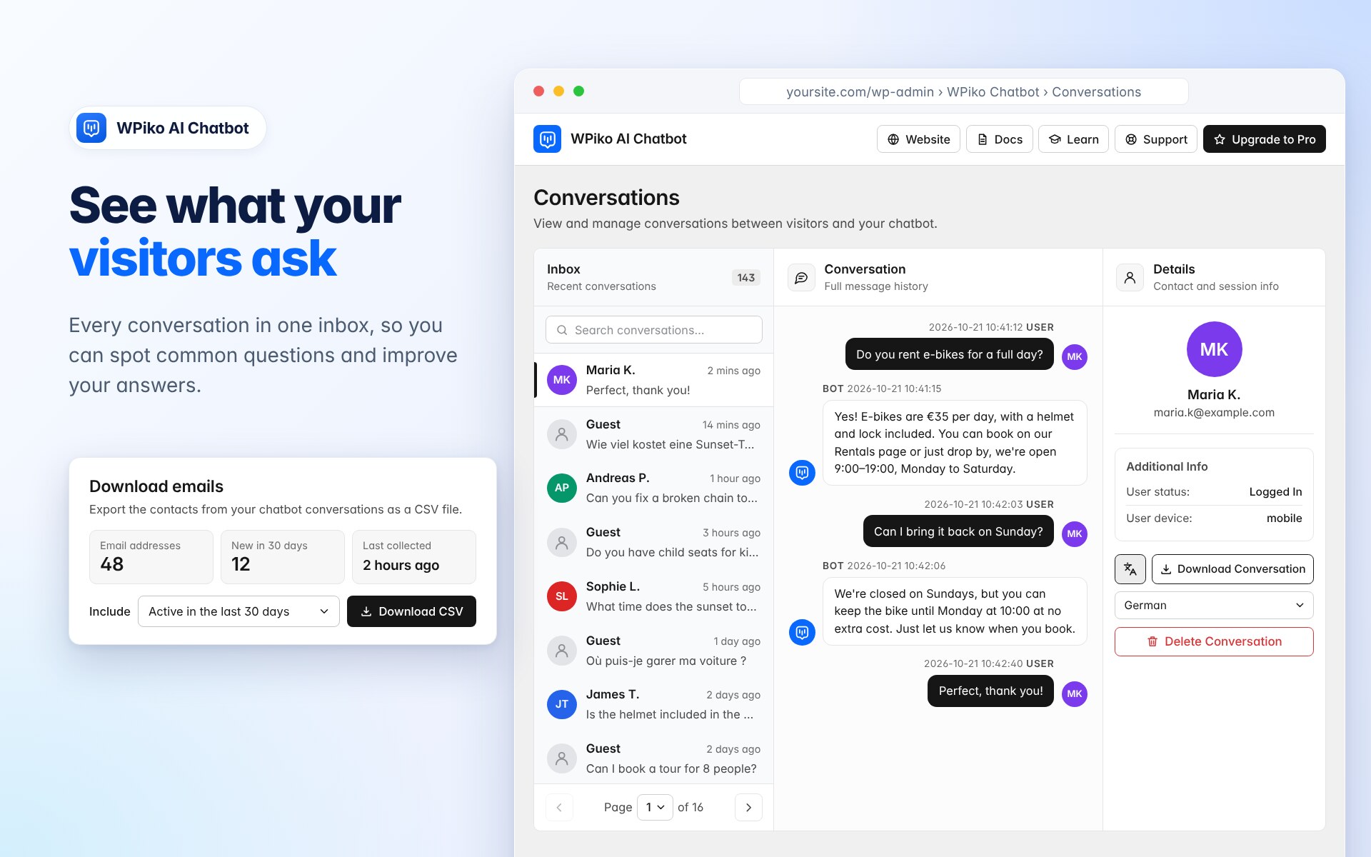Conversations: every chat in one inbox, with search, translation, download and email export.