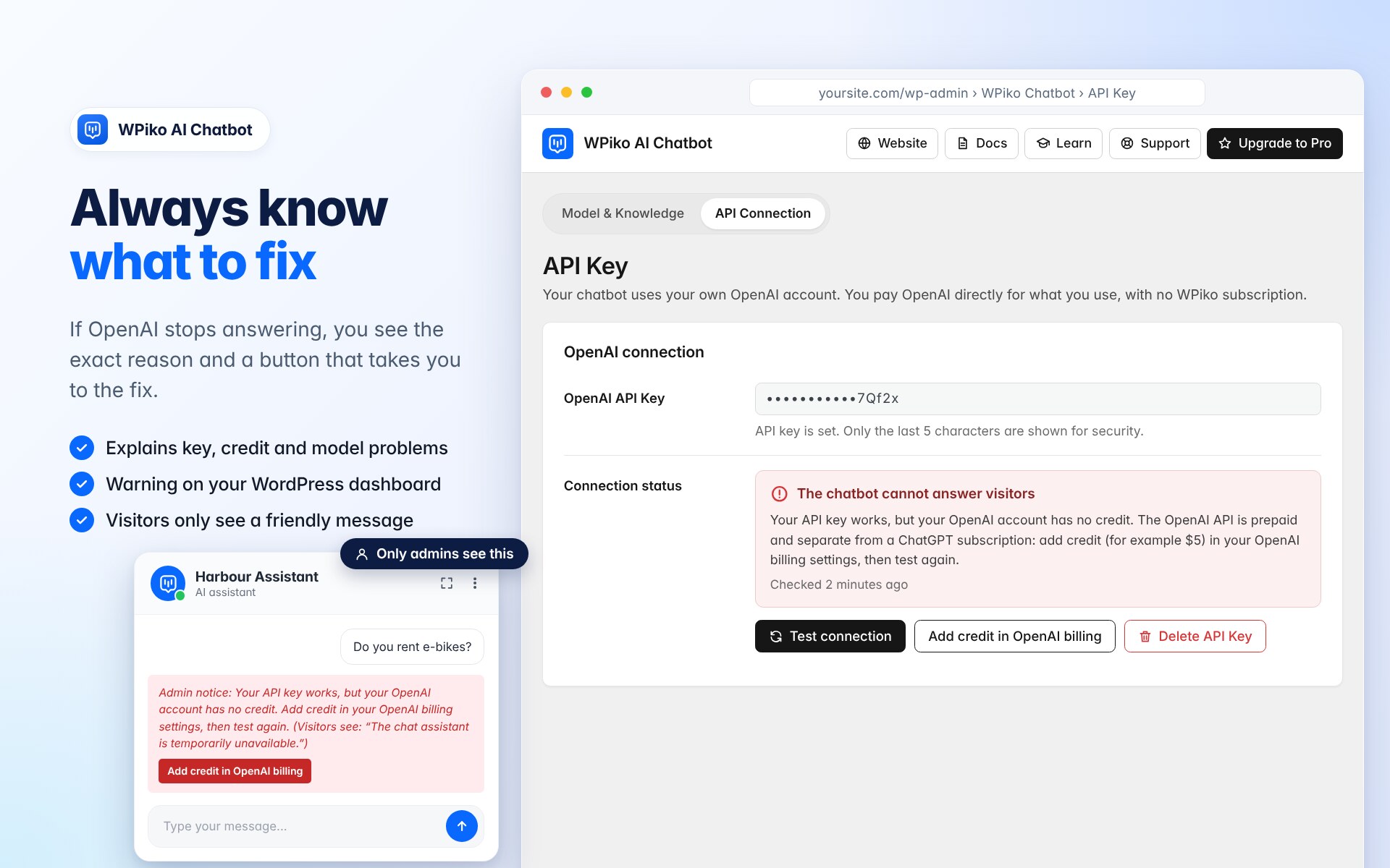 Clear connection diagnostics: the exact OpenAI problem and a button to fix it.