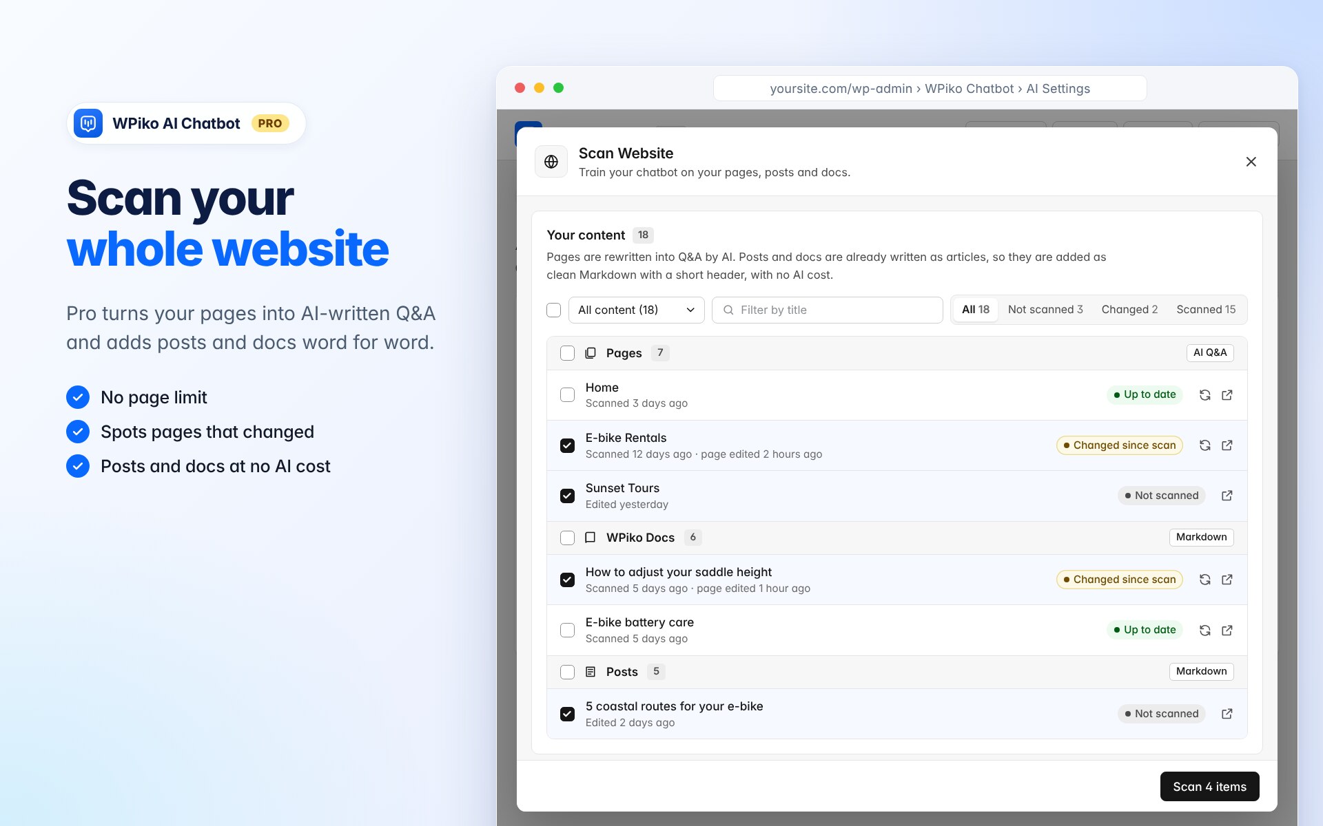 (Pro) Scan Website: pages become AI-written Q&A, posts and docs are added as clean Markdown.