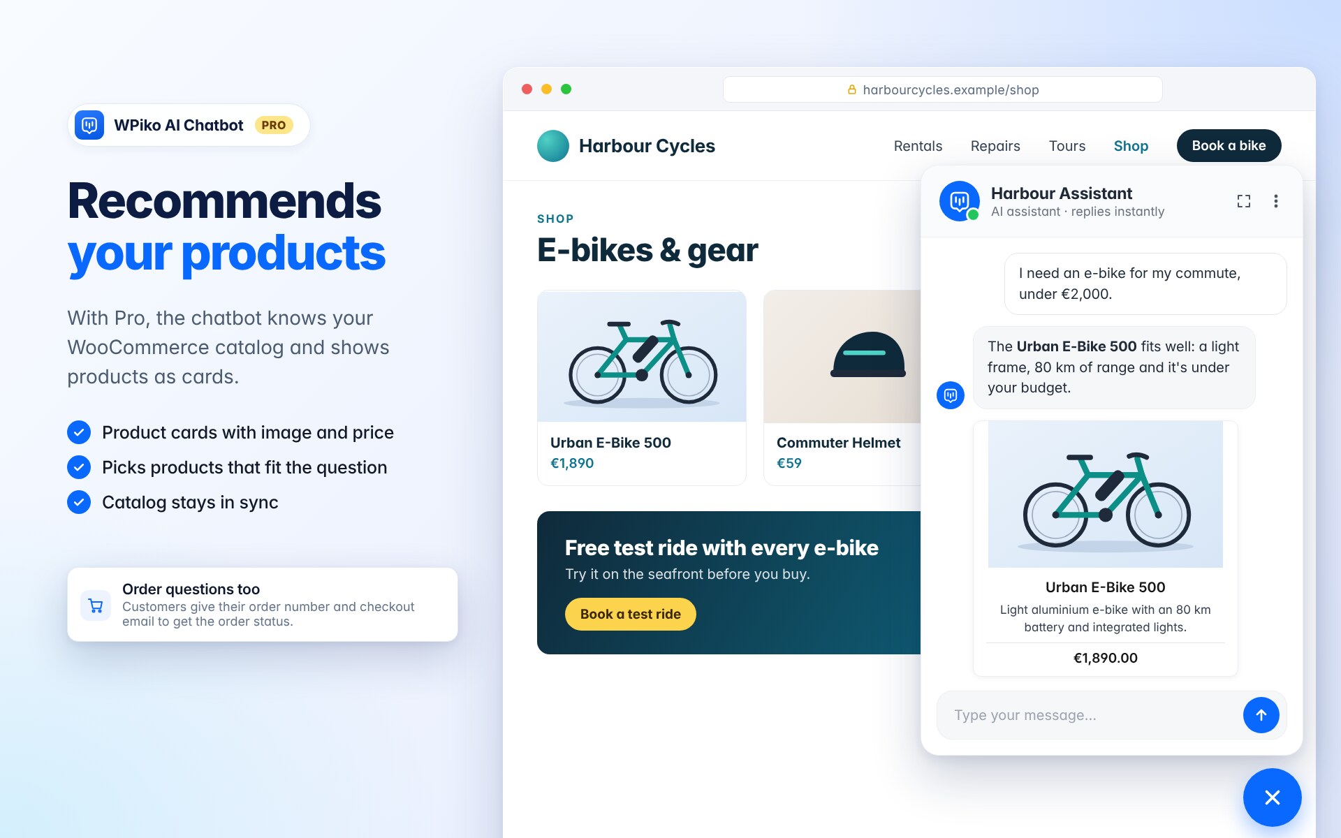 (Pro) WooCommerce product cards and recommendations right in the chat.