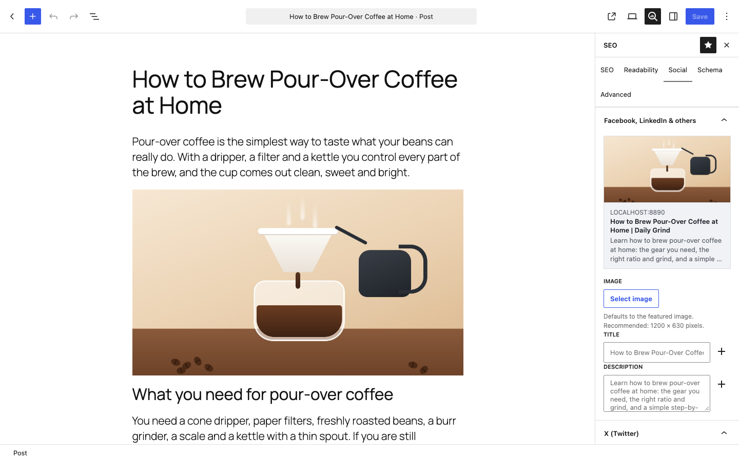 Social previews for Facebook, LinkedIn and X, with their own title, description and image.