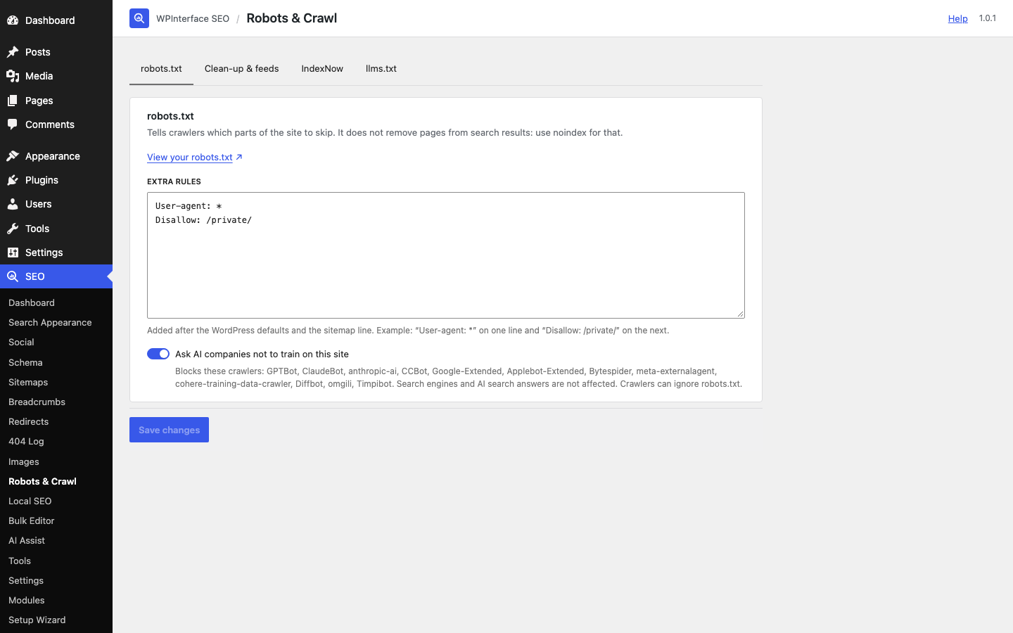 Robots & Crawl: robots.txt rules, blocking AI training crawlers, clean-up options, IndexNow and llms.txt.