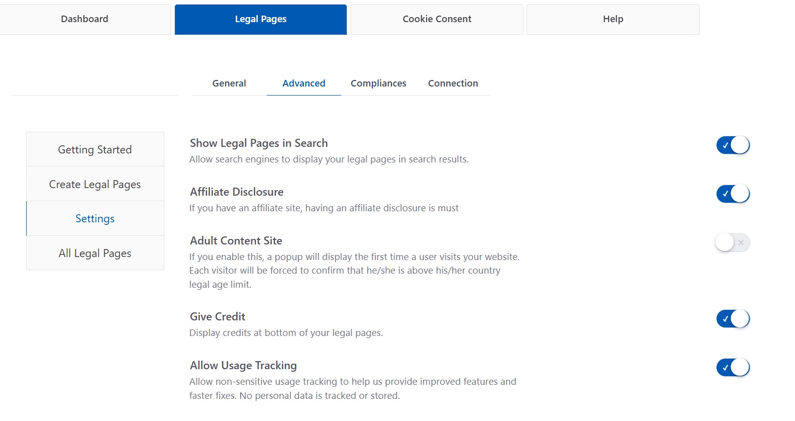 WP Legal Pages Advanced Settings