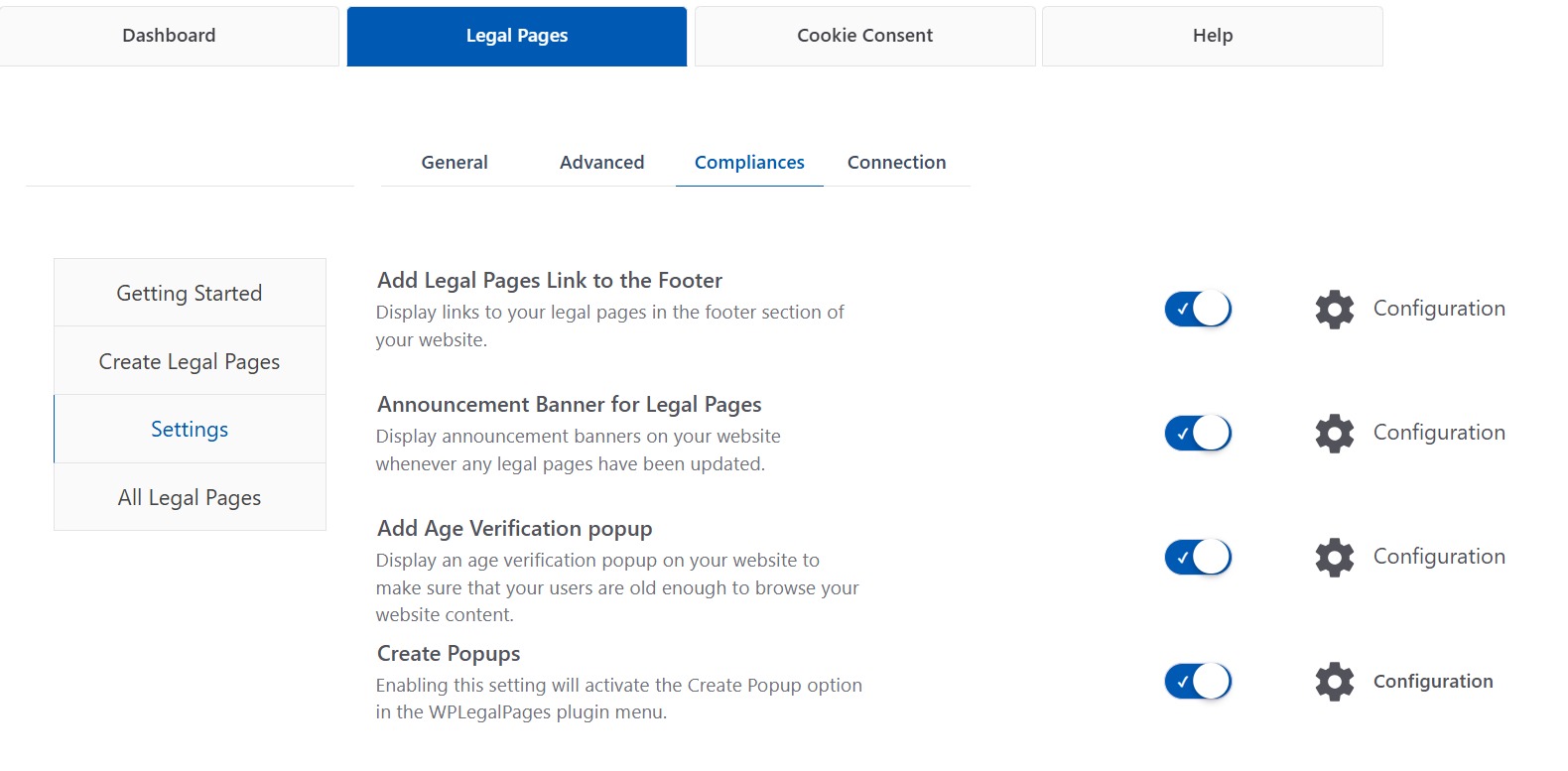 WP Legal Pages Compliance Settings
