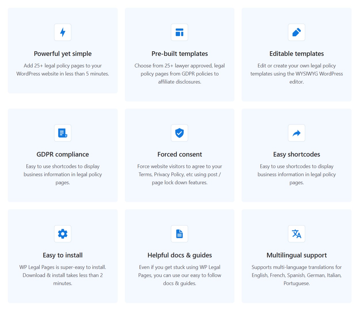 WP Legal Pages Features