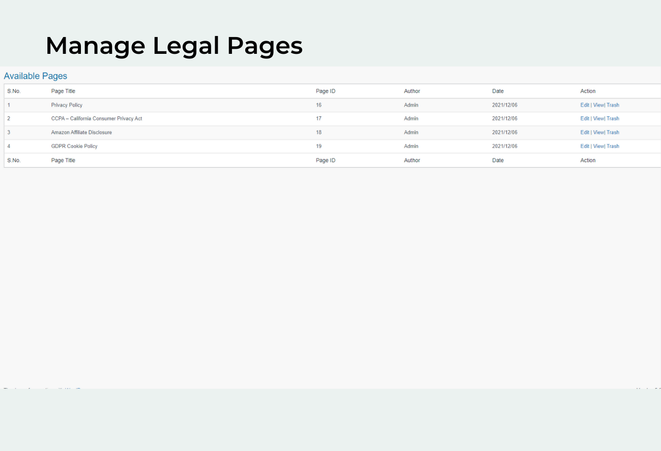 Manage Legal Pages