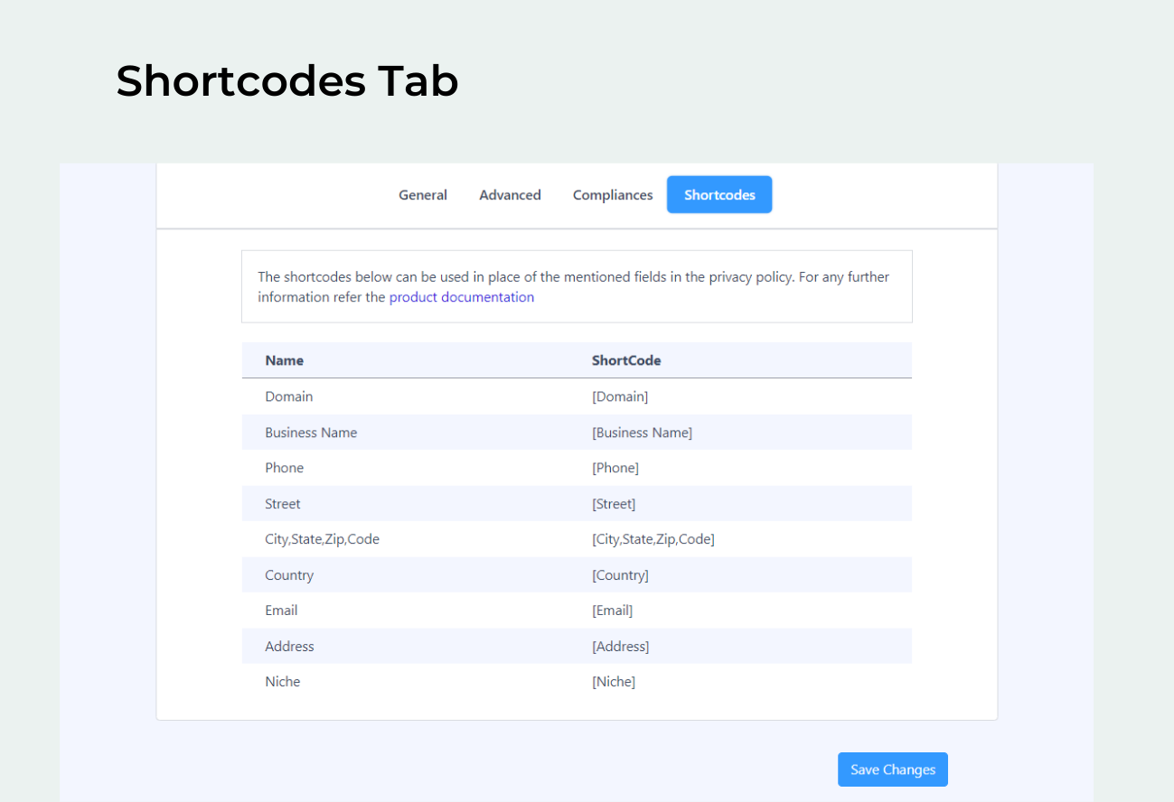 Shortcodes Tab