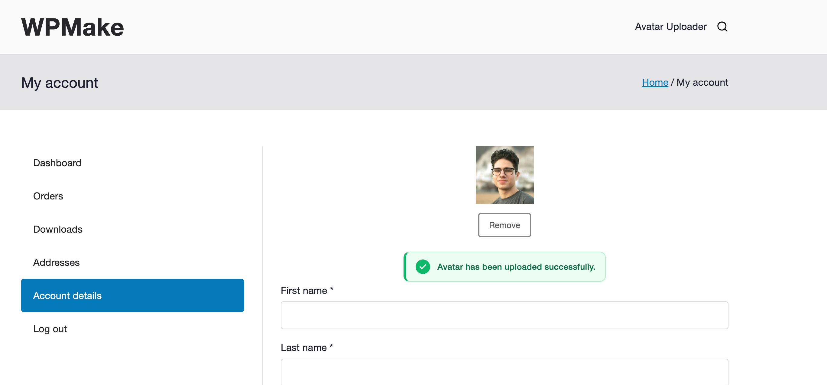 The avatar upload field on the WooCommerce Account Details page. Customers change their photo on the same screen they manage their account — no separate page to find.