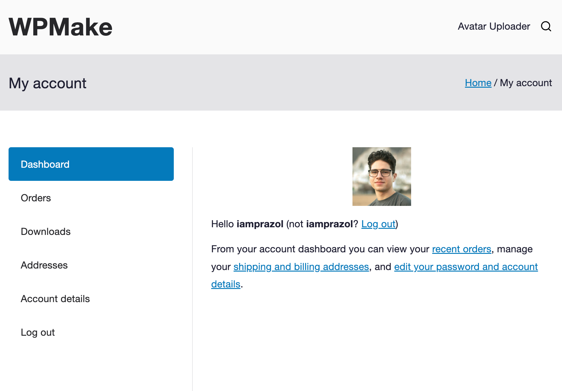 The customer's photo in place on the WooCommerce Account Details page after upload, replacing the Gravatar silhouette.