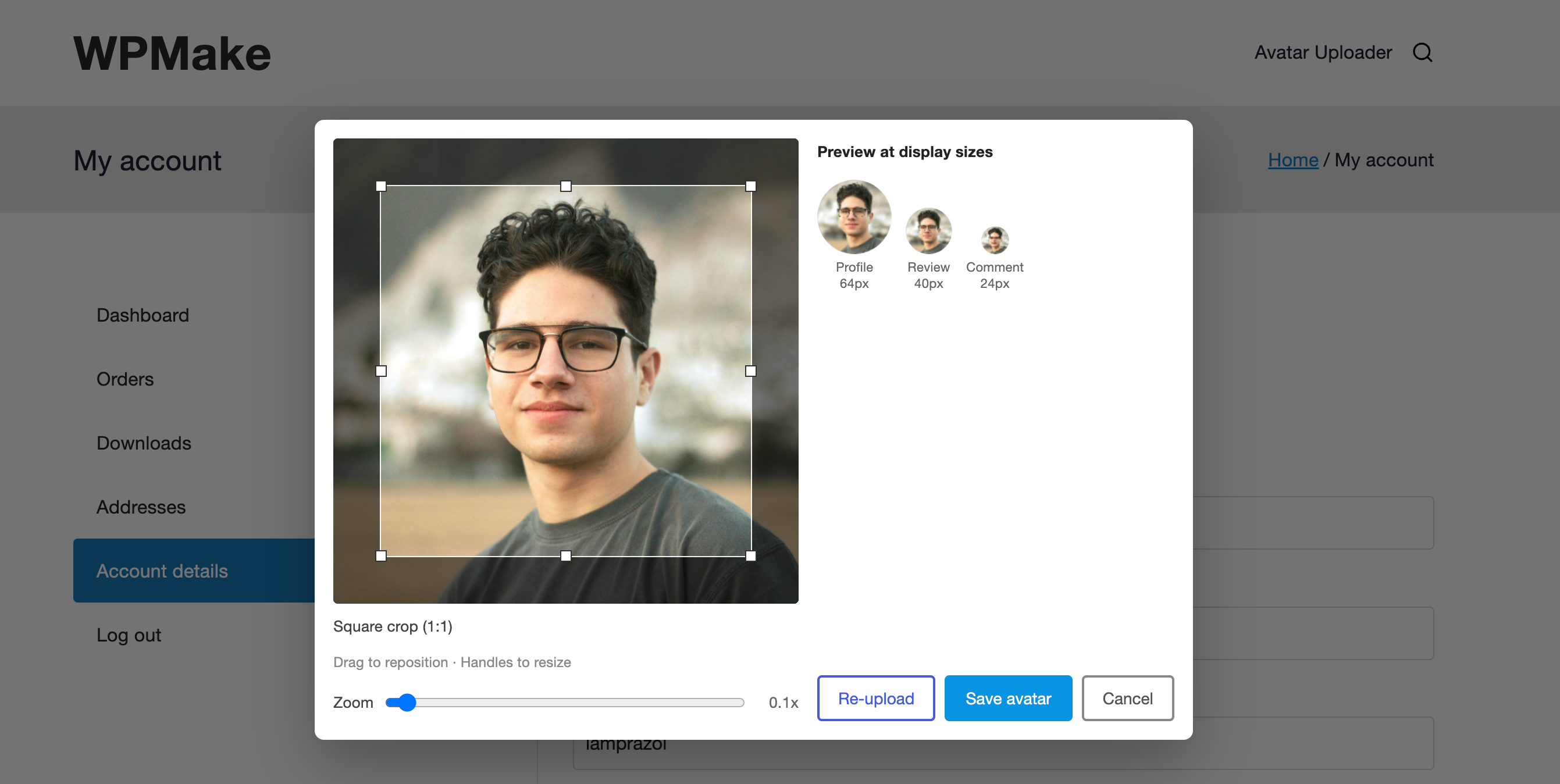 The crop interface. Customers frame their own headshot before it saves, so photos arrive the right shape.