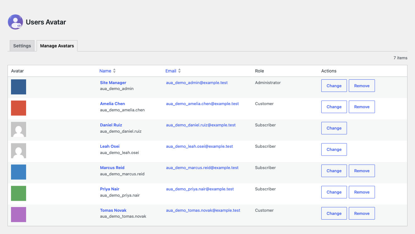 The bulk avatar manager. Every customer with their current photo, searchable and sortable, with Change and Remove on each row.