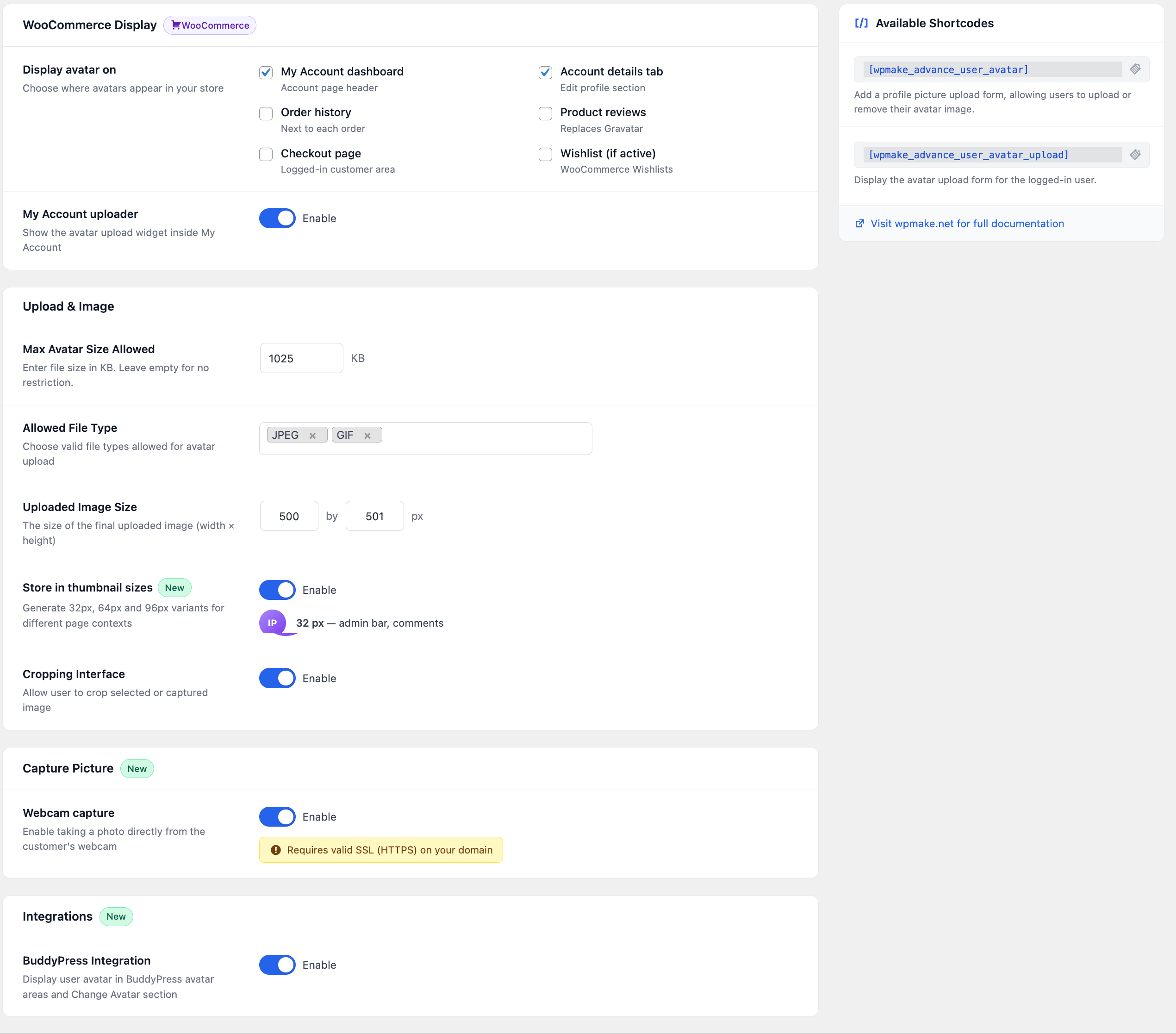 Admin settings — allowed file types, maximum file size, image dimensions, and which store locations show avatars.