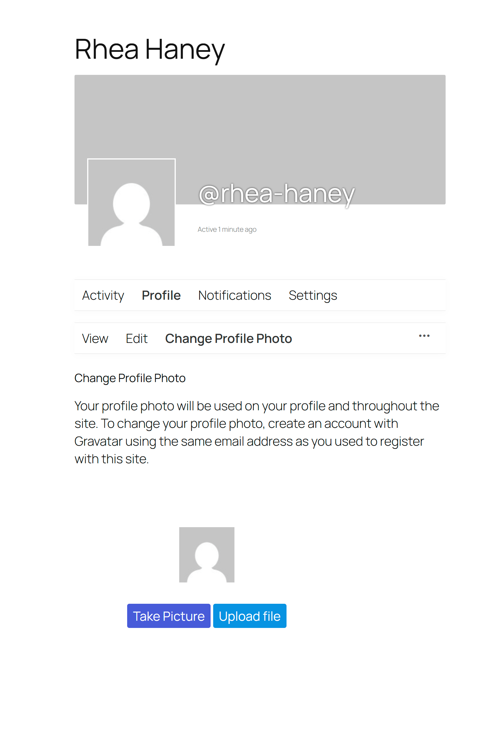 The BuddyPress member area uploader, using the same upload, crop, and webcam flow as the rest of your site.