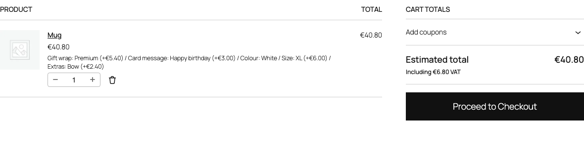 The selected options and their prices in the block cart.