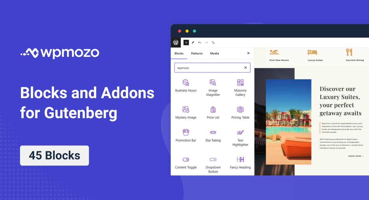 The WPMozo Blocks and Addons plugin in action.