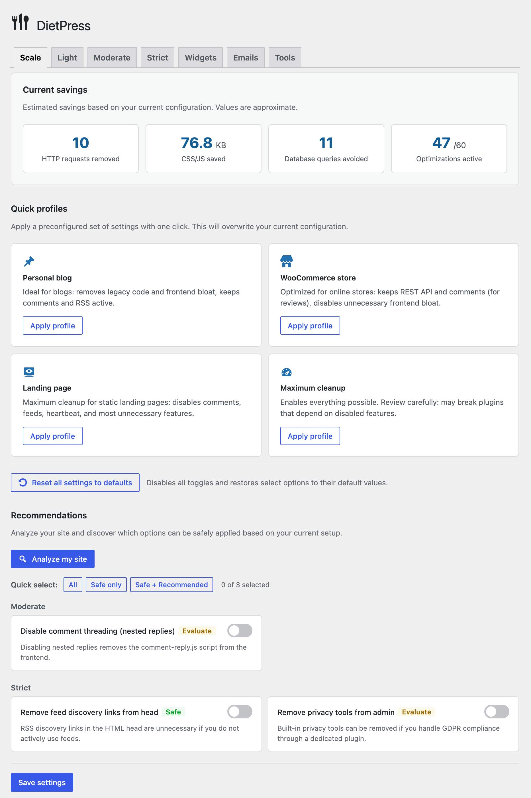 The Scale tab in DietPress with savings gauge, quick profiles and site analyzer