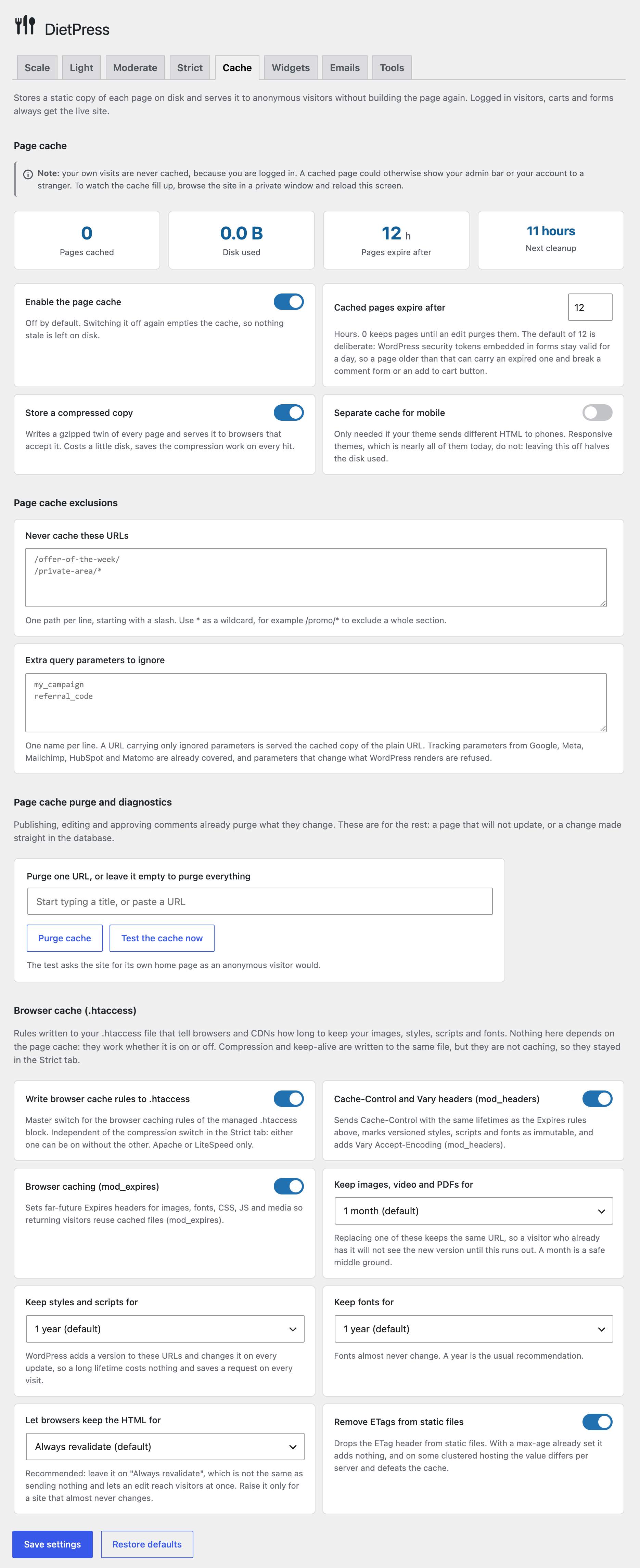 Cache tab: page cache settings with master switches and status cards