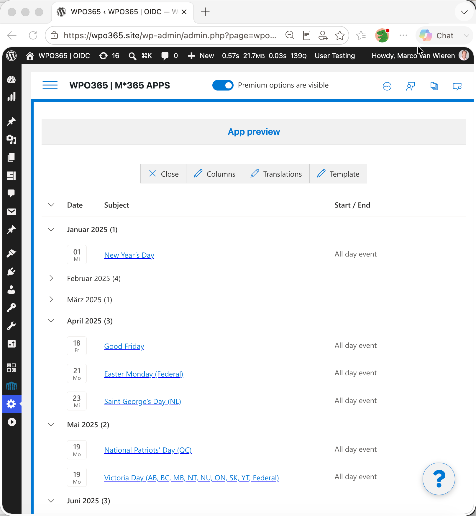Embed Outlook / Exchange calendar in WordPress (list view).