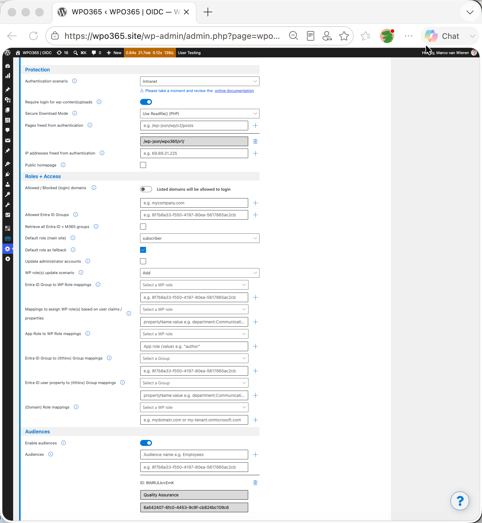 WP role assignment and access rules for Entra ID groups.