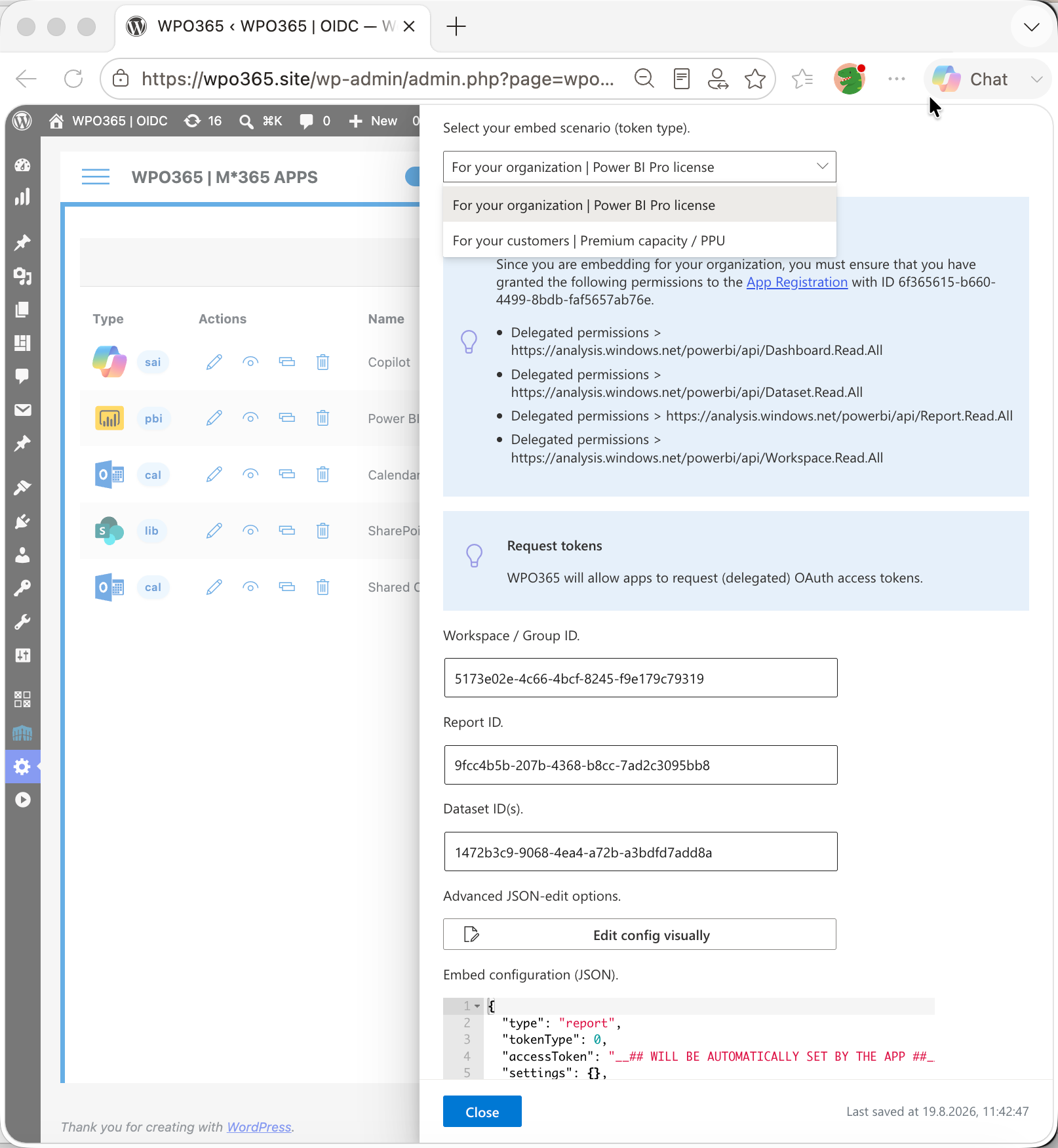 Embed Power BI for WordPress (configuration).