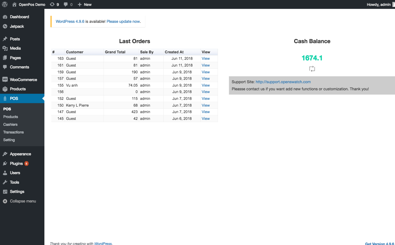 Pos dashboard and POS login information.