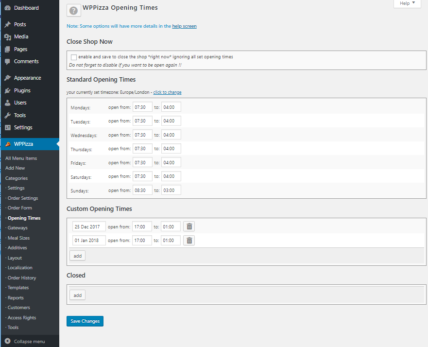 Admin - Opening Times