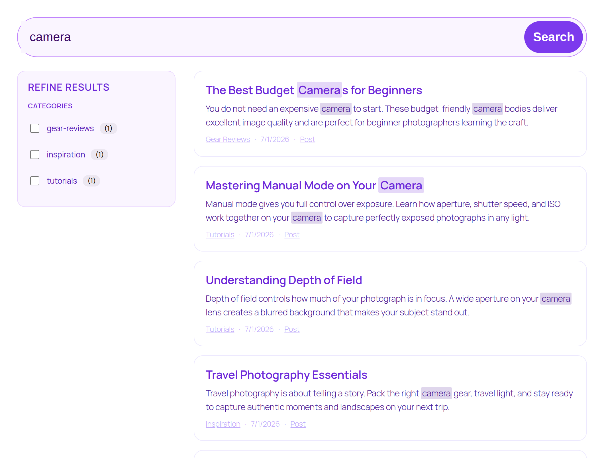 Live search results on the front end with a taxonomy filter sidebar and fully custom block styling — colors, rounded corners, and spacing are all block settings.