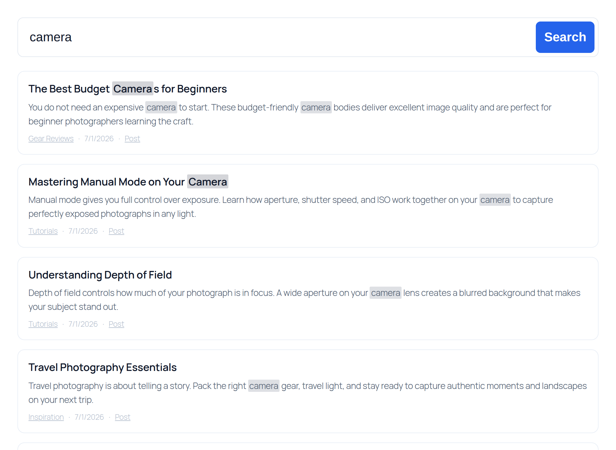 The same search block styled to match a clean, light theme. Every color, radius, and spacing value comes from the block's built-in style controls.