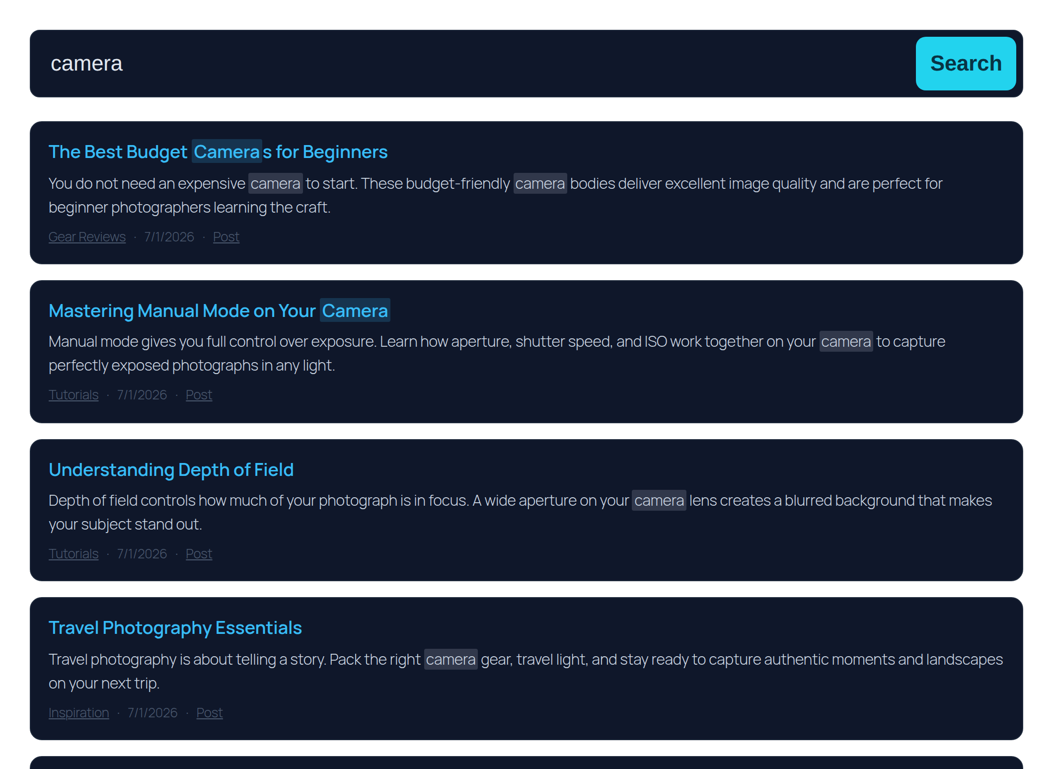 A dark, high-contrast treatment of the search block, achieved entirely with those same style controls — no custom CSS.