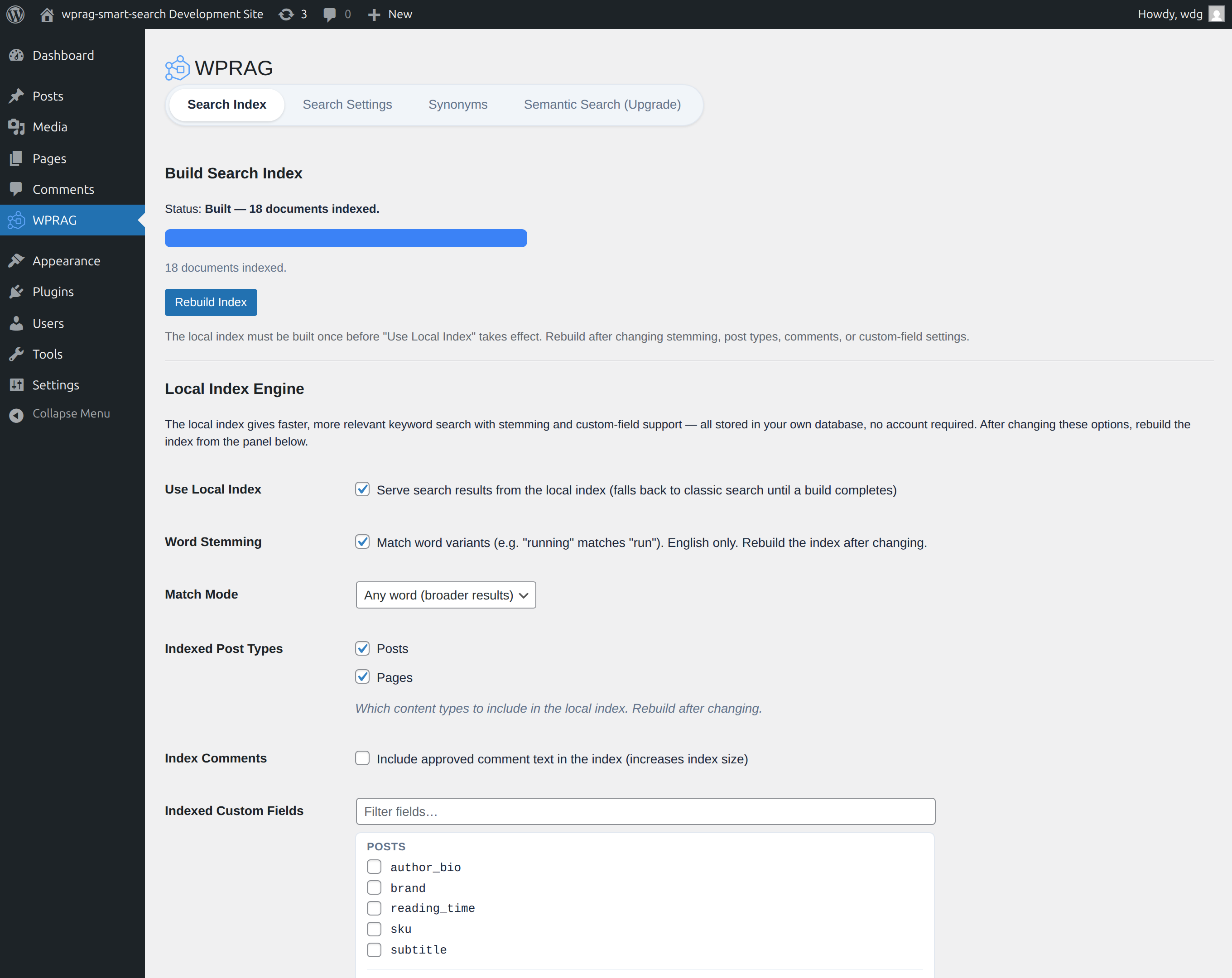 The Search Index tab: build the local inverted index in one click, then tune stemming, searchable post types, and indexed custom fields.