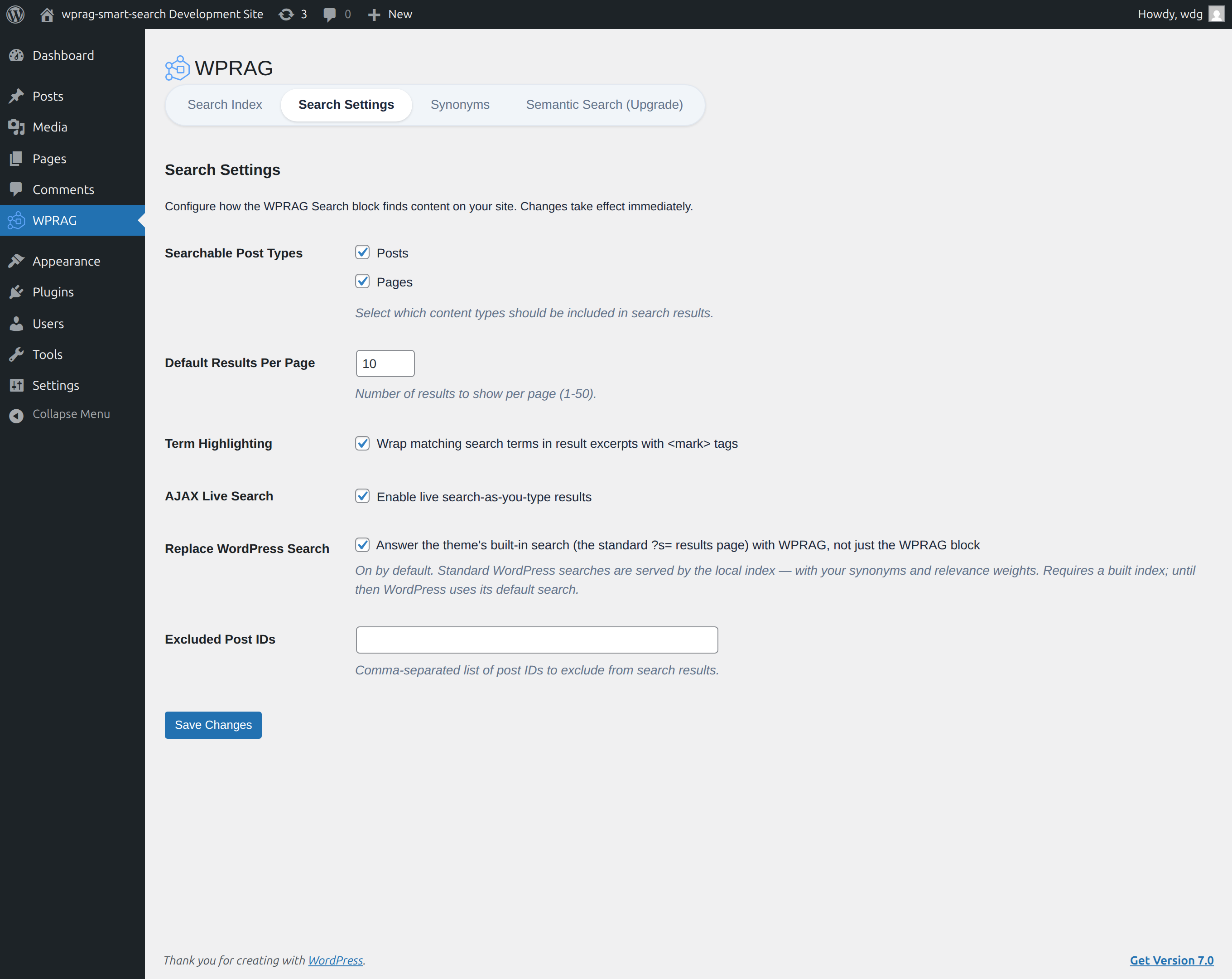The Search Settings tab: choose searchable post types, results per page, term highlighting, live AJAX results, and core-search replacement.