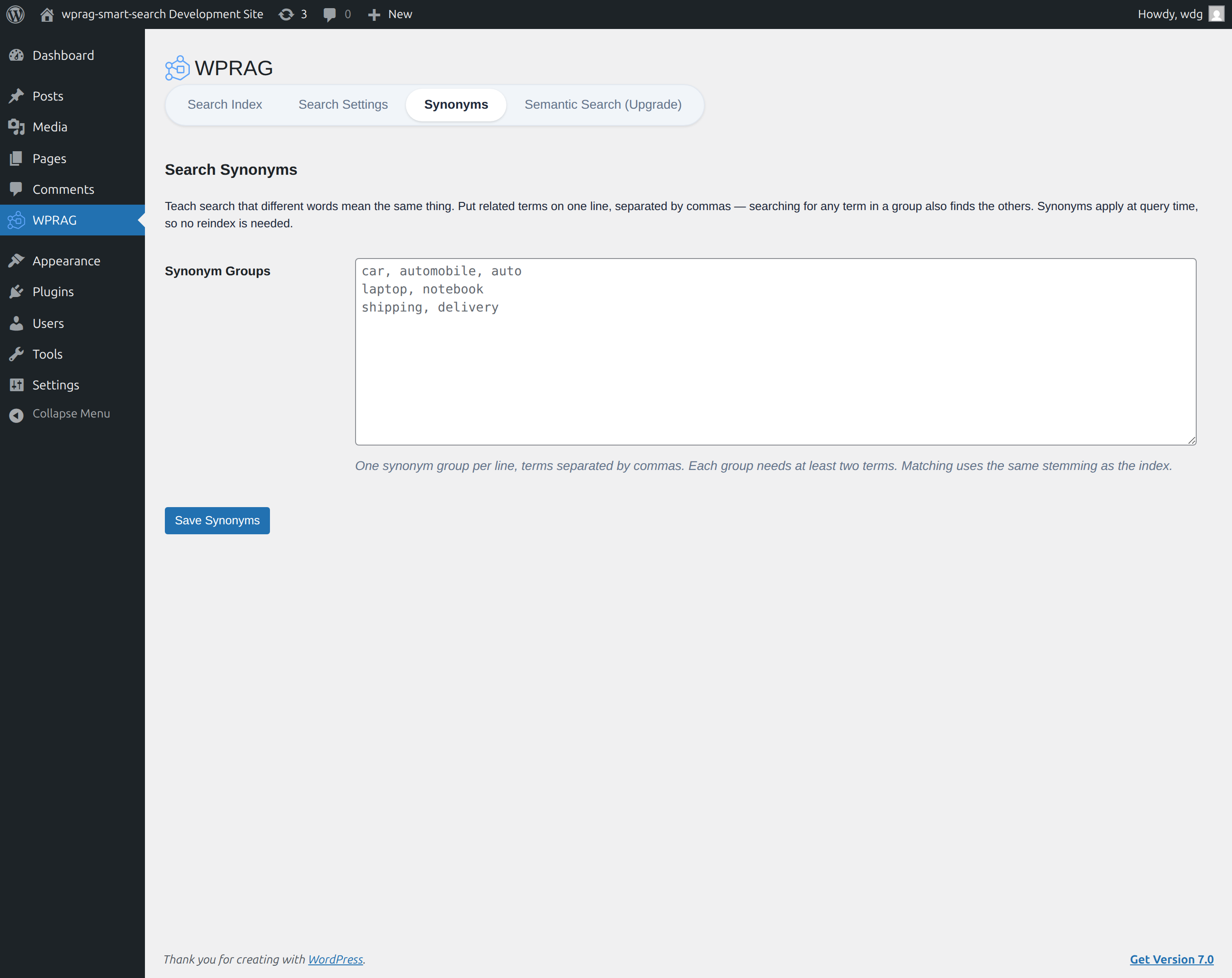 The Synonyms tab: teach search that different words mean the same thing, applied at query time with no reindex required.