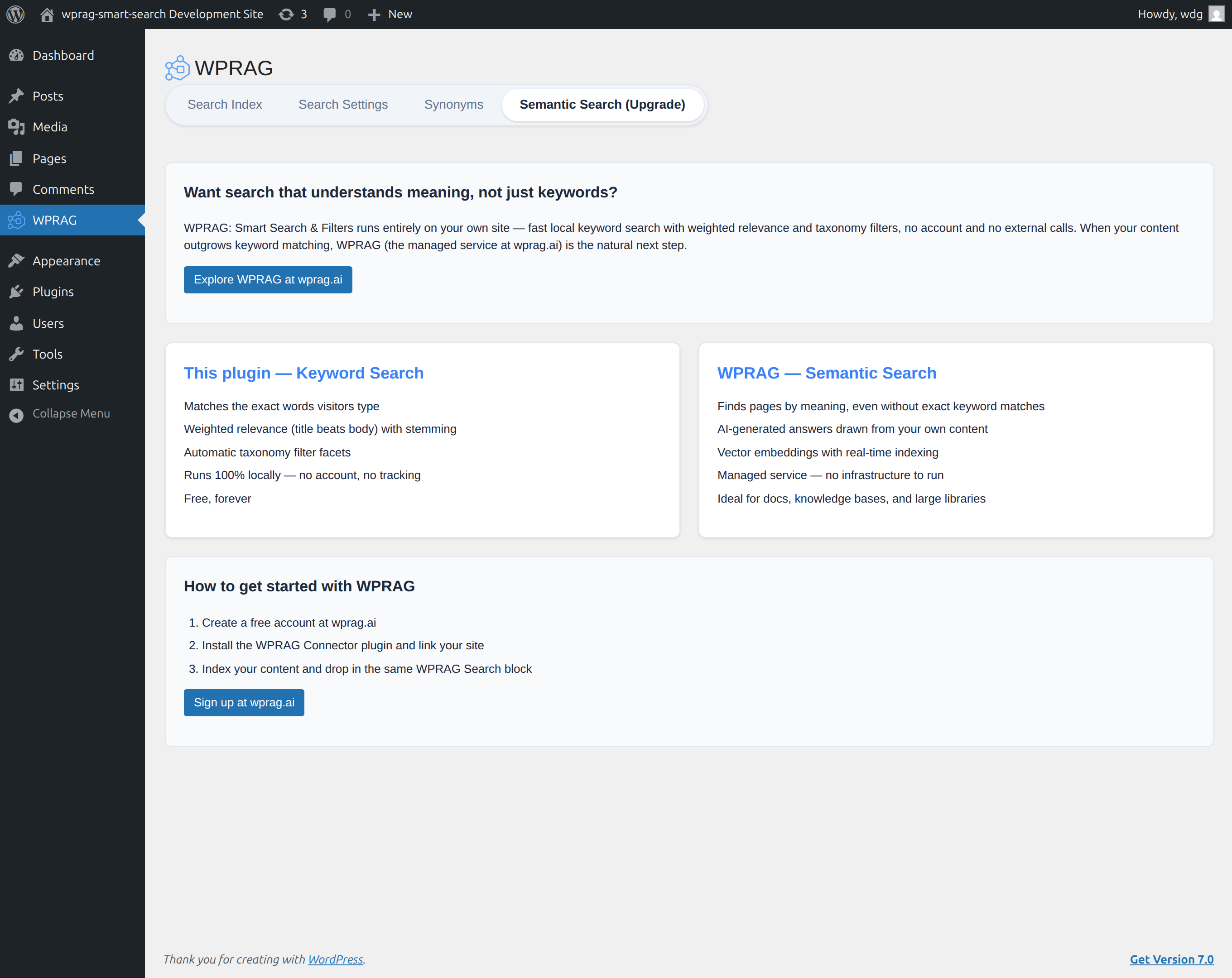 The Upgrade tab, explaining WPRAG's optional AI-powered semantic search (a separate managed service).