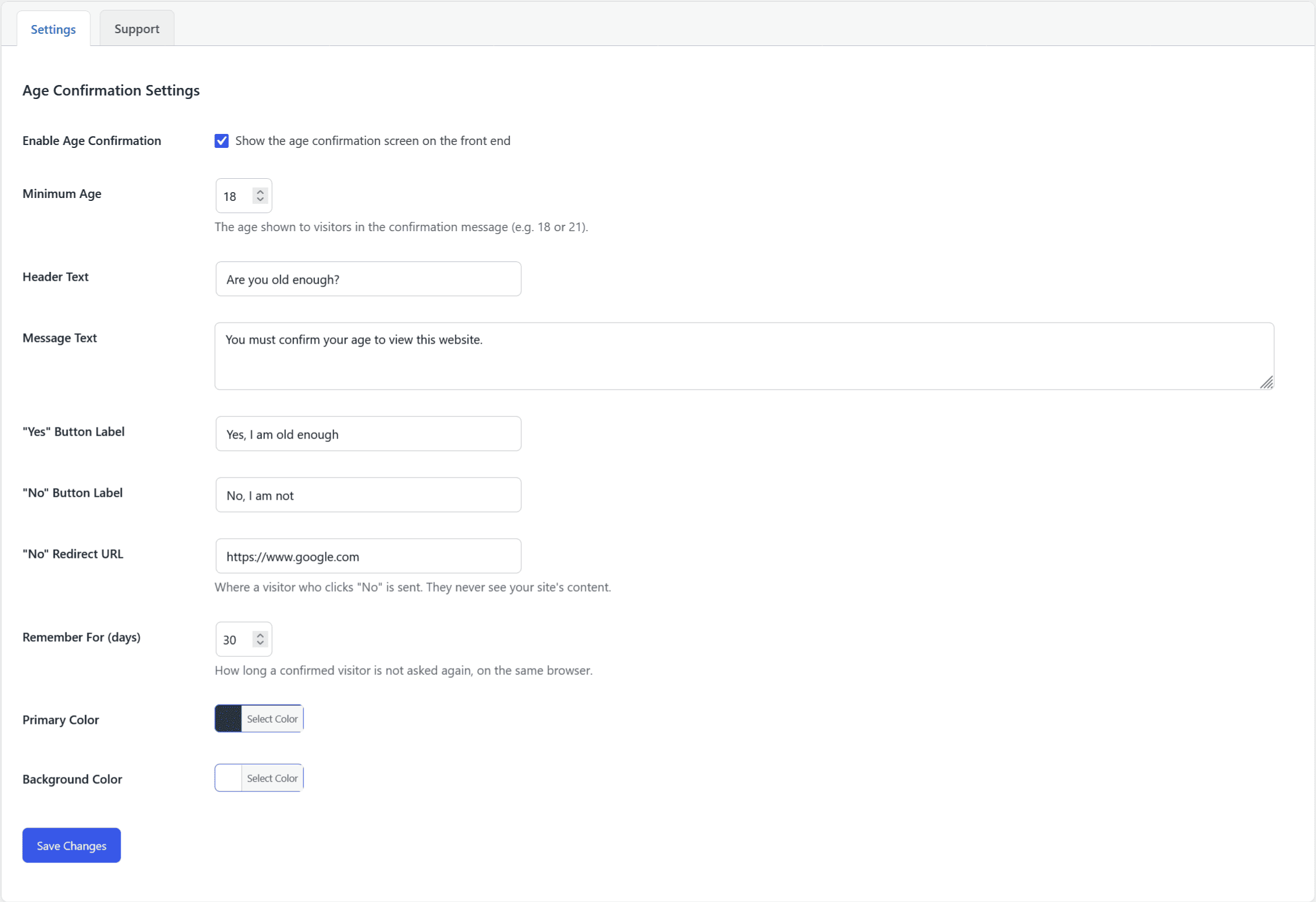 Settings page: turn the screen on, set the minimum age, the texts, the redirect URL and the colors.