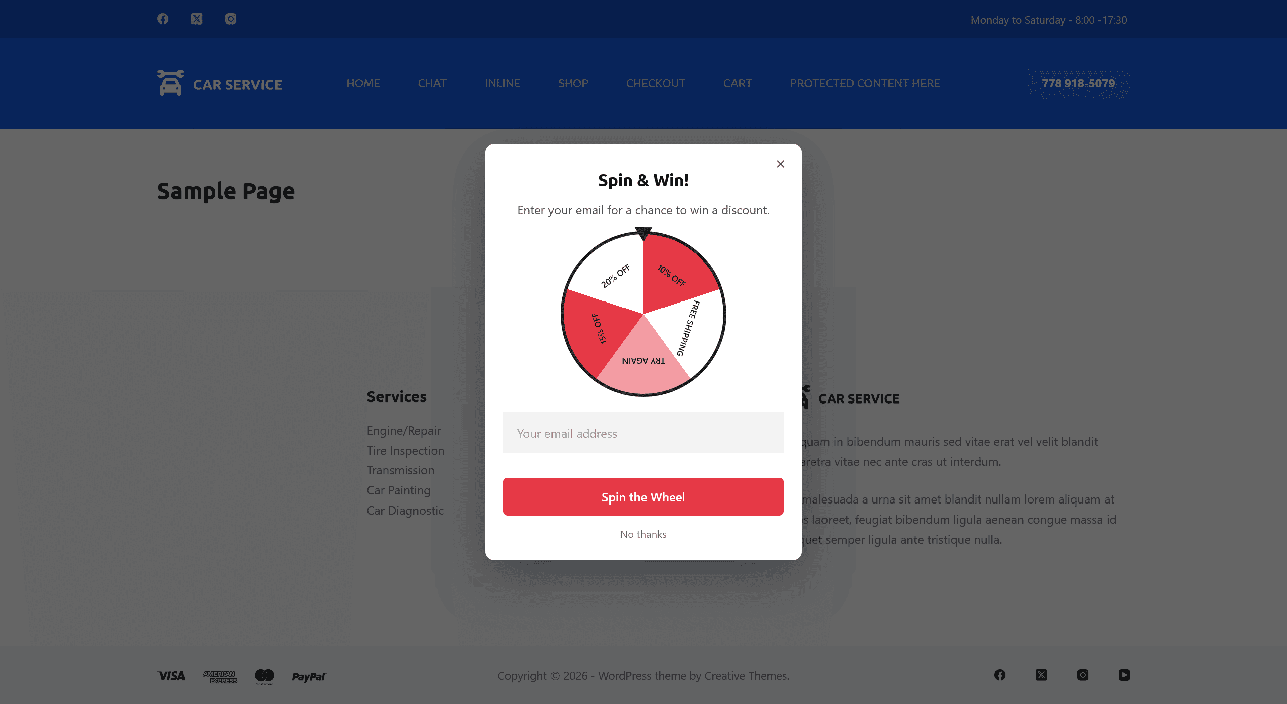 The spin-the-wheel popup as a visitor sees it, with no consent checkbox