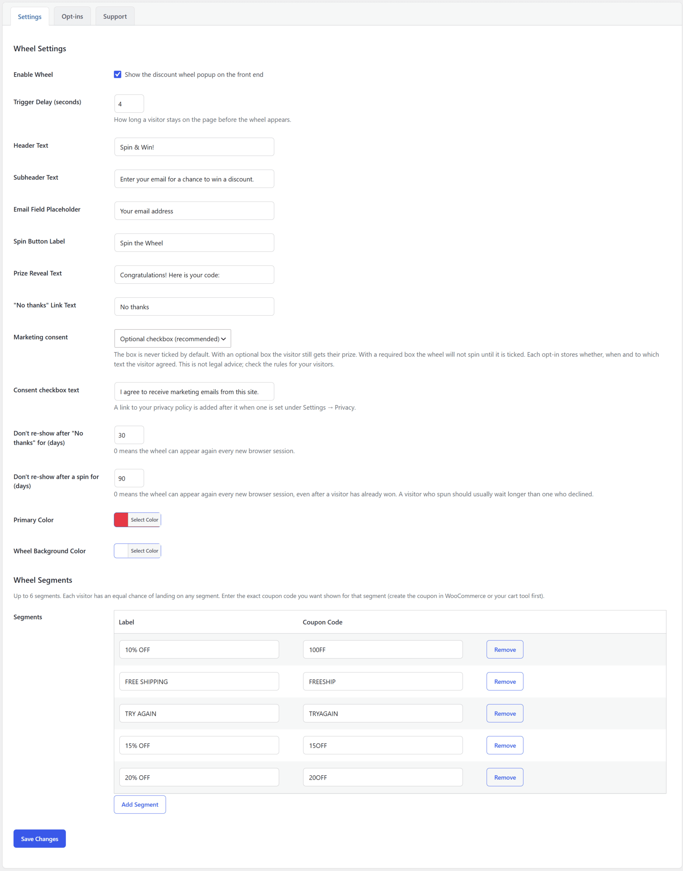 Settings page — enable the wheel, set the trigger delay, marketing consent, text, colors, and prize segments