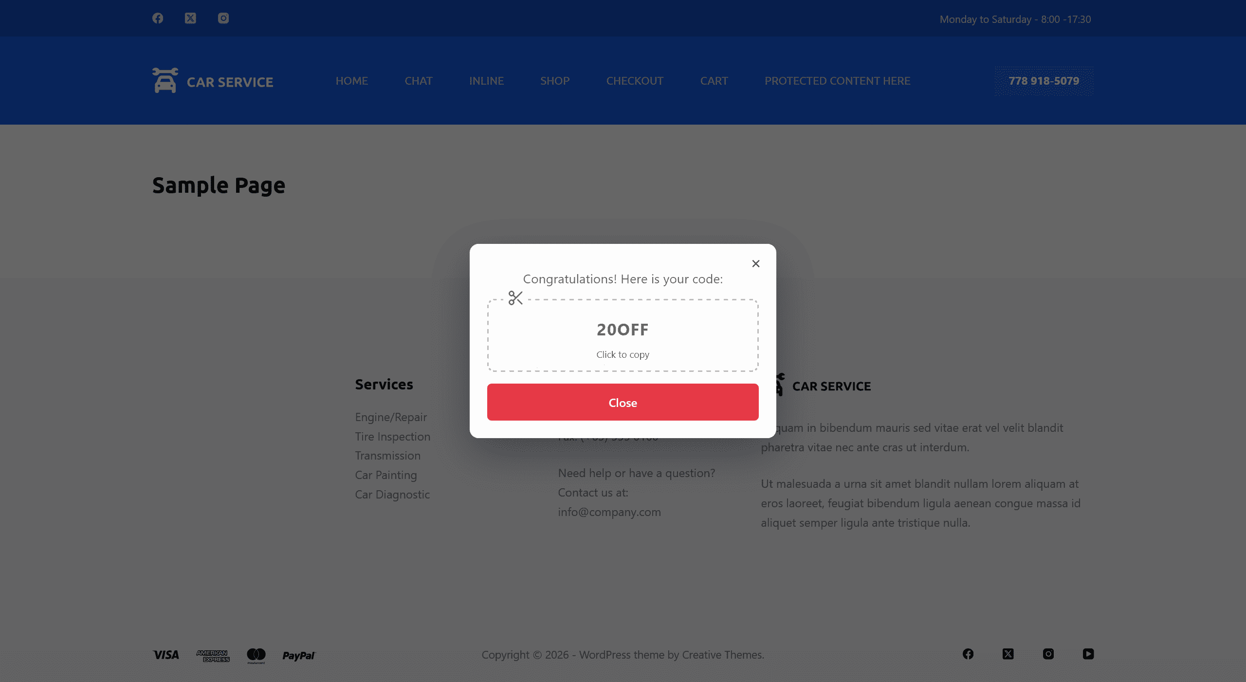 The coupon code a visitor sees after the wheel has spun, with a click-to-copy box