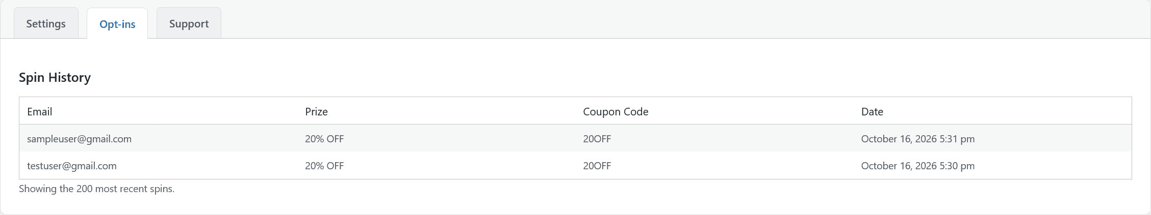 Opt-ins page — every email and prize won, at a glance