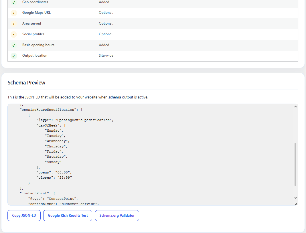 The schema preview and links to useful testing tools.