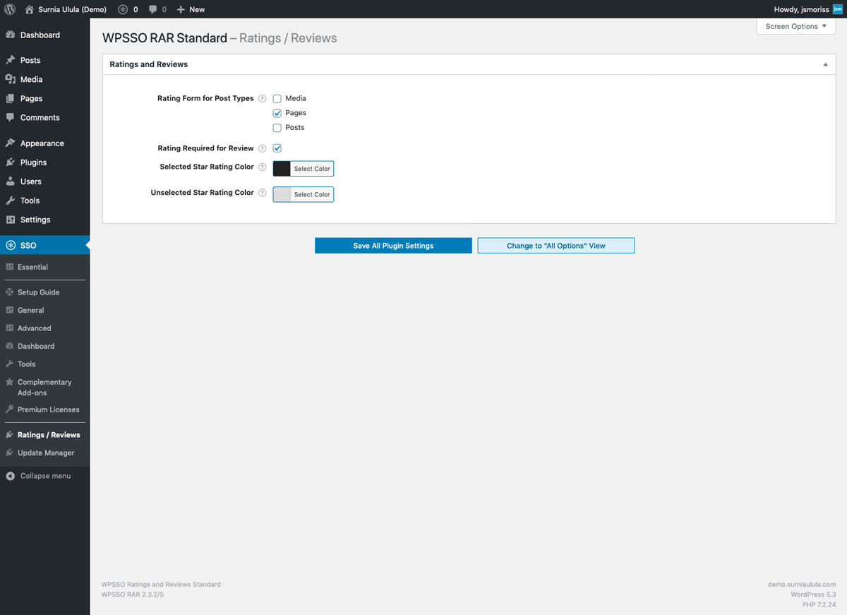 The WPSSO RAR settings page to enable ratings by post type and select colors for the star ratings.