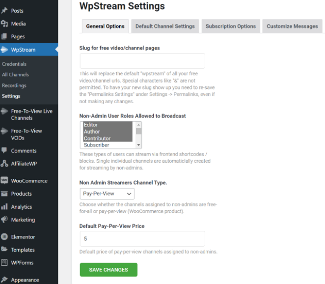 WpStream Settings Page