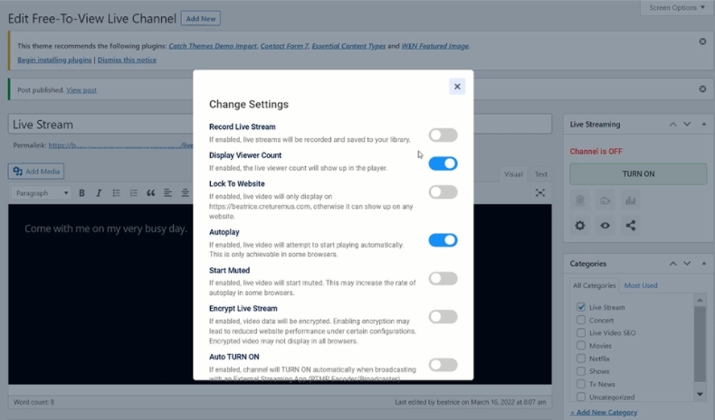 WpStream Channel Settings