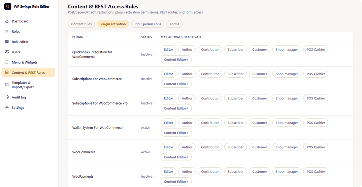 Audit log with filtering and CSV export