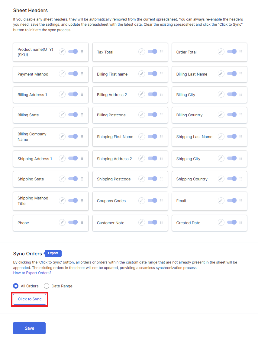 WooCommerce Order Default Sheet Headers