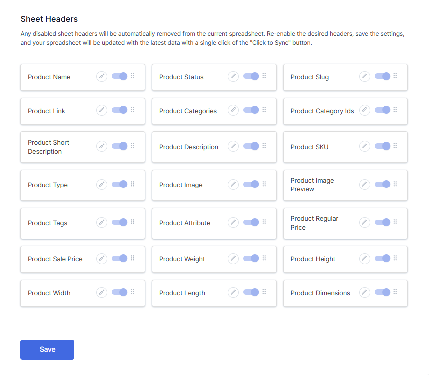 WooCommerce Product Default Sheet Headers