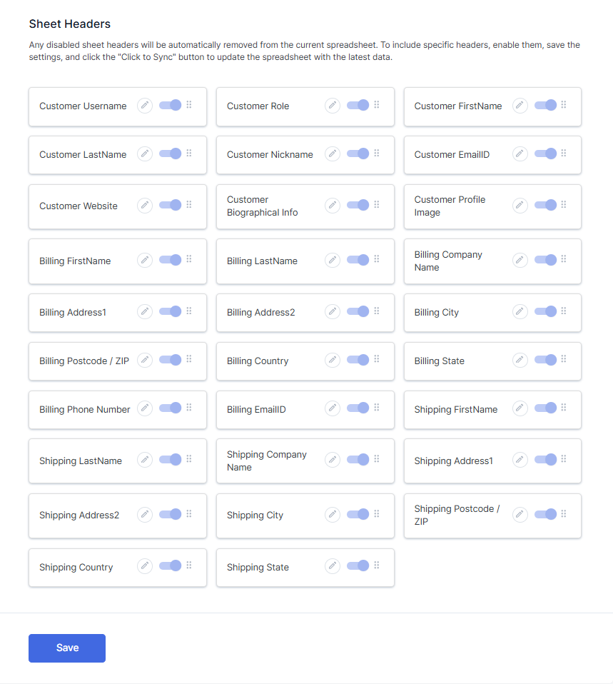 WooCommerce Customer Default Sheet Headers