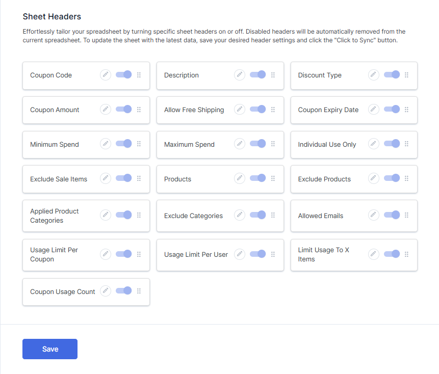 WooCommerce Coupon Default Sheet Headers