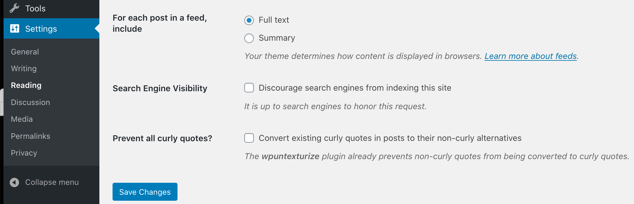 A screenshot of the plugin's checkbox on the Settings -> Reading admin page. If checked, the plugin will convert existing curly quotation marks into their non-curly alternatives.