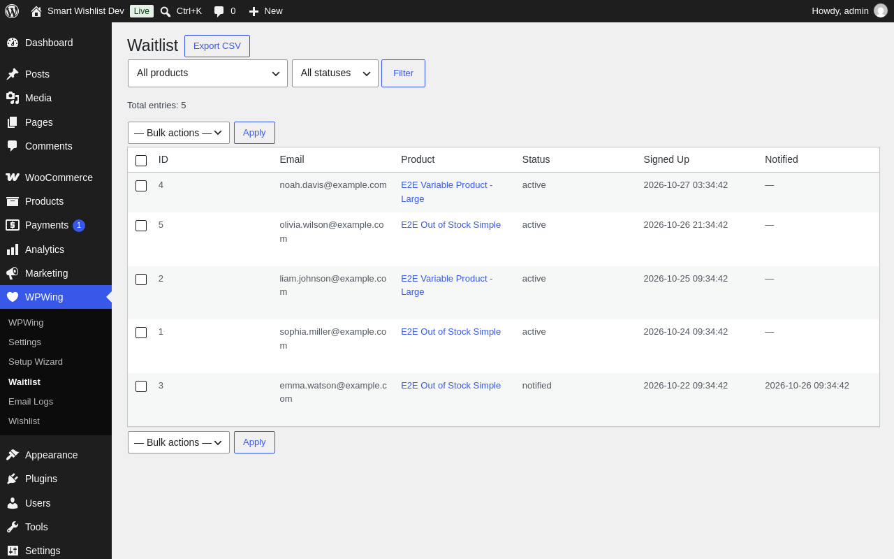 Admin Waitlist dashboard with subscriber details and CSV export.
