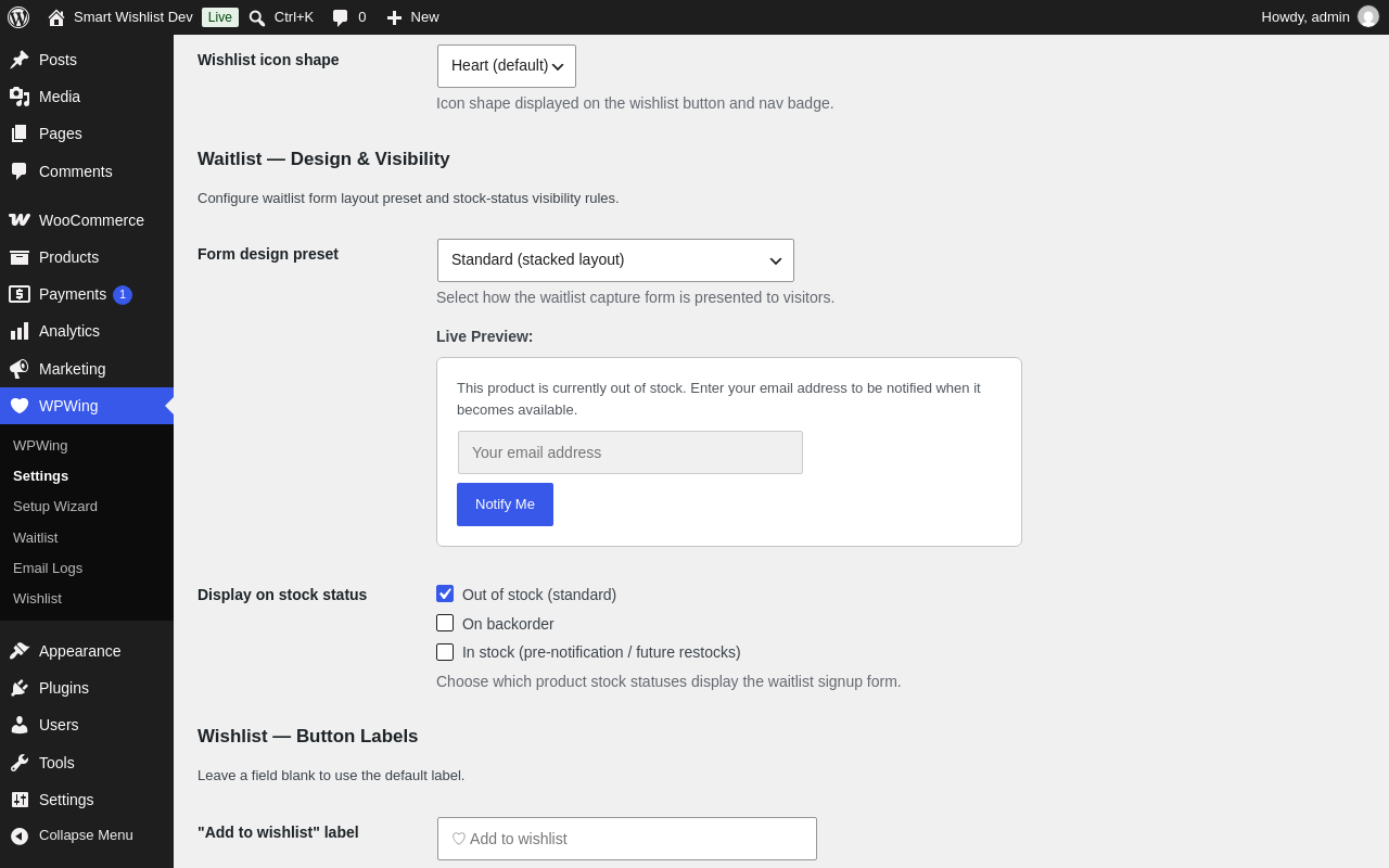 Admin Settings screen - button styles, icon shapes, and live form preset preview.